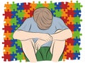 The child sits with his head down. against the background of puzzles, symbols of autism. vector illustration.