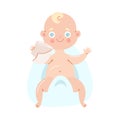 The child sits on a potty with toilet paper in his hands. Vector illustration in flat cartoon style. Royalty Free Stock Photo