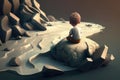 child sits on a rock beside a river after a landslide has blocked its path, looking down at the swirling water and Royalty Free Stock Photo