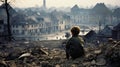 A child sits on the ruins of a building destroyed by a war rocket