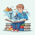 A child sits on a stack of colorful books, holding an open book with illustrations Royalty Free Stock Photo