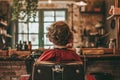 child sitting in barber chair getting first haircut. Barbershop for children. Back view