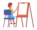 Child sitting on the chair and drawing aquarell paints on large sheet of paper, education concept