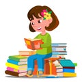 Child Sitting With A Lot Of Books In The Library Vector. Isolated Illustration Royalty Free Stock Photo