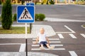 A child is sitting on the road at a pedestrian crossing among road signs, traffic rules for children Royalty Free Stock Photo