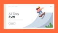 Child Skateboarding Hobby Landing Page Template. Kid Female Skateboard Character Perform Stunts in Rollerdrome