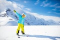 Child skiing in the mountains. Kid in ski school. Winter sport for kids. Family Christmas vacation in the Alps. Children learn Royalty Free Stock Photo