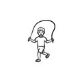 Child with skipping rope hand drawn outline doodle icon.