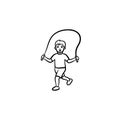 Child with skipping rope hand drawn outline doodle icon.
