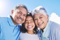 Child, sky or portrait of happy grandparents bonding in Brazil to relax with love, smile or care in retirement. Faces Royalty Free Stock Photo