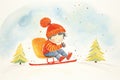 child sledding down a snowy hill on a red sled