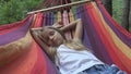 Child Sleeping in Hammock in Camping, Kid Relaxing in Forest, Girl in Mountains Royalty Free Stock Photo