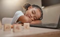 Child sleeping, learning and girl tired from home education, computer and kid development. Study, sleep and online