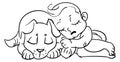 Child sleeping with puppy. Cute babies line drawing