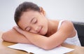 Child, sleeping or tired student in classroom with burnout, dream or low energy for homework. Happy girl, school or Royalty Free Stock Photo