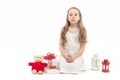 Child or girl with gift box, toy bear and lantern Royalty Free Stock Photo