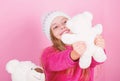 Child small girl playful hold teddy bear plush toy. Why kids love stuffed animals. Toy every child dreaming. Kid little Royalty Free Stock Photo