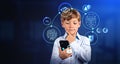 Child with smartphone in hand, pensive portrait and face id scan