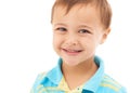 Child, smile and portrait of boy in studio, white background and fashion in mockup space. Kid, face and happy with