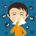 A child sneezes into a handkerchief.