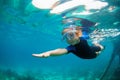 Child in snorkeling mask dive underwater in blue sea lagoon