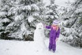 Child, snowman and winter forest