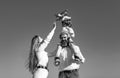 Child son with father and mother. Mom, dad and child boy with toy plane, holiday and togetherness. Children day. Child Royalty Free Stock Photo