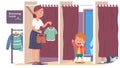 Child son, mom buying or trying clothes together