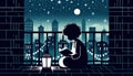 Child of South Asian Descent Reading Book on Rooftop Terrace Under Starry Sky AI Generated