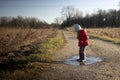 Child splashing in a puddle with wellies in country landscape