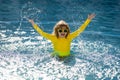 Child splashing in summer water pool. Kid splash in pool. Excited happy little boy jumping in pool, water fun. Kid Royalty Free Stock Photo