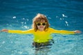 Child splashing in summer water pool. Kid splash in pool. Excited happy little boy jumping in pool, water fun. Kid Royalty Free Stock Photo