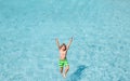 Child splashing in summer water pool. Kid splash in pool. Excited happy kid boy jumping in pool, water fun. Kid jumping Royalty Free Stock Photo