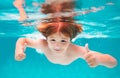 Child splashing in swimming pool. Kid swimming in pool underwater. Child boy swim under water in sea. Royalty Free Stock Photo