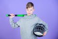 Child sportsman. Gym workout of teen boy. Baseball bat and helmet at teen boy. Success. Childhood activity. Fitness diet Royalty Free Stock Photo