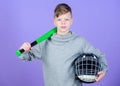 Child sportsman. Sport game. Fitness diet brings health and energy. Gym workout of teen boy. Baseball bat and helmet Royalty Free Stock Photo