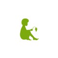 child with sprout. boy and leaf. Green logo Isolated on white. Flat design.