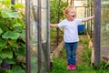 Child is standing in doorway of greenhouse. Granddaughter helps with housework