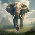 A child standing in front of a colossal elephant in a misty fantasy landscape