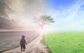 Child standing between half of tree and nature