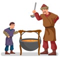 Mongol warrior is cooking stew with his son, colorful illustration