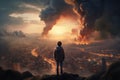 The child stands against the backdrop of a burning city. Post-apocalyptic concept. Generative AI.