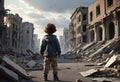 Child stands in city destroyed by hostilities. Generative AI