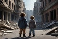 Child stands in city destroyed by hostilities. Generative AI