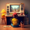 A child stands in front of a computer and plays games