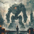 A Child Stands in Front of a Huge Humanoid Robot, Cyberpunk City, Futuristic Landscape