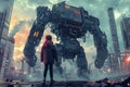 A Child Stands in Front of a Huge Humanoid Robot, Cyberpunk City, Futuristic Landscape