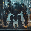 A Child Stands in Front of a Huge Humanoid Robot, Cyberpunk City, Futuristic Landscape