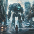 A Child Stands in Front of a Huge Humanoid Robot, Cyberpunk City, Futuristic Landscape