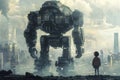 A Child Stands in Front of a Huge Humanoid Robot, Cyberpunk City, Futuristic Landscape